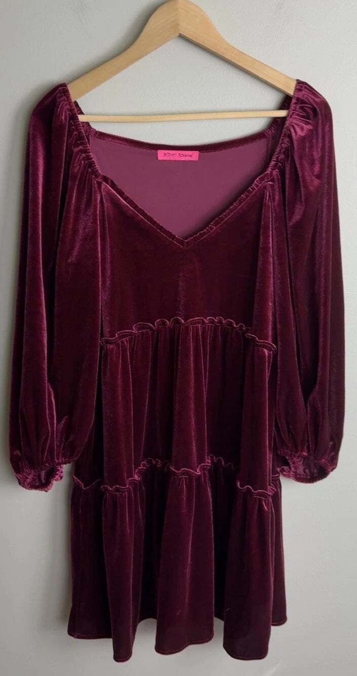 Betsey Johnson Burgundy Velvet Tiered Mini Dress Long Sleeve Ruffle Women’s